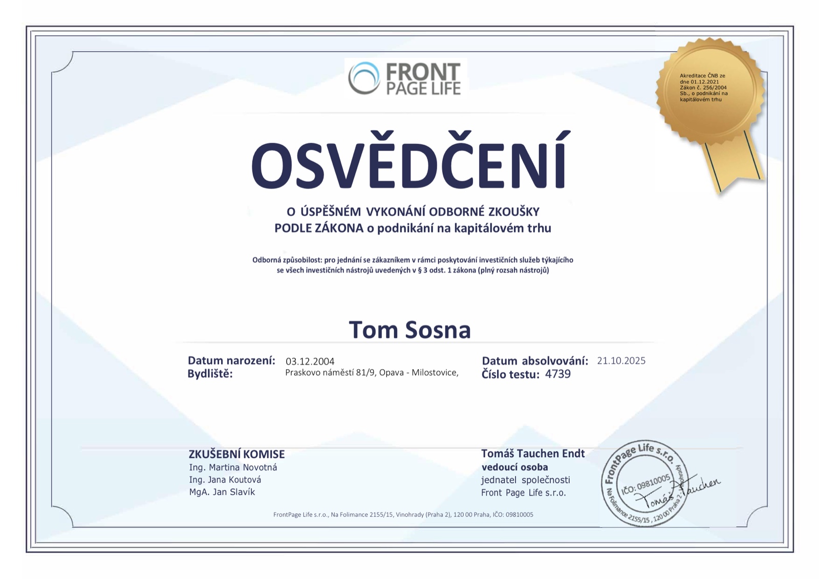 Certifikát — Kapitálový trh a investice