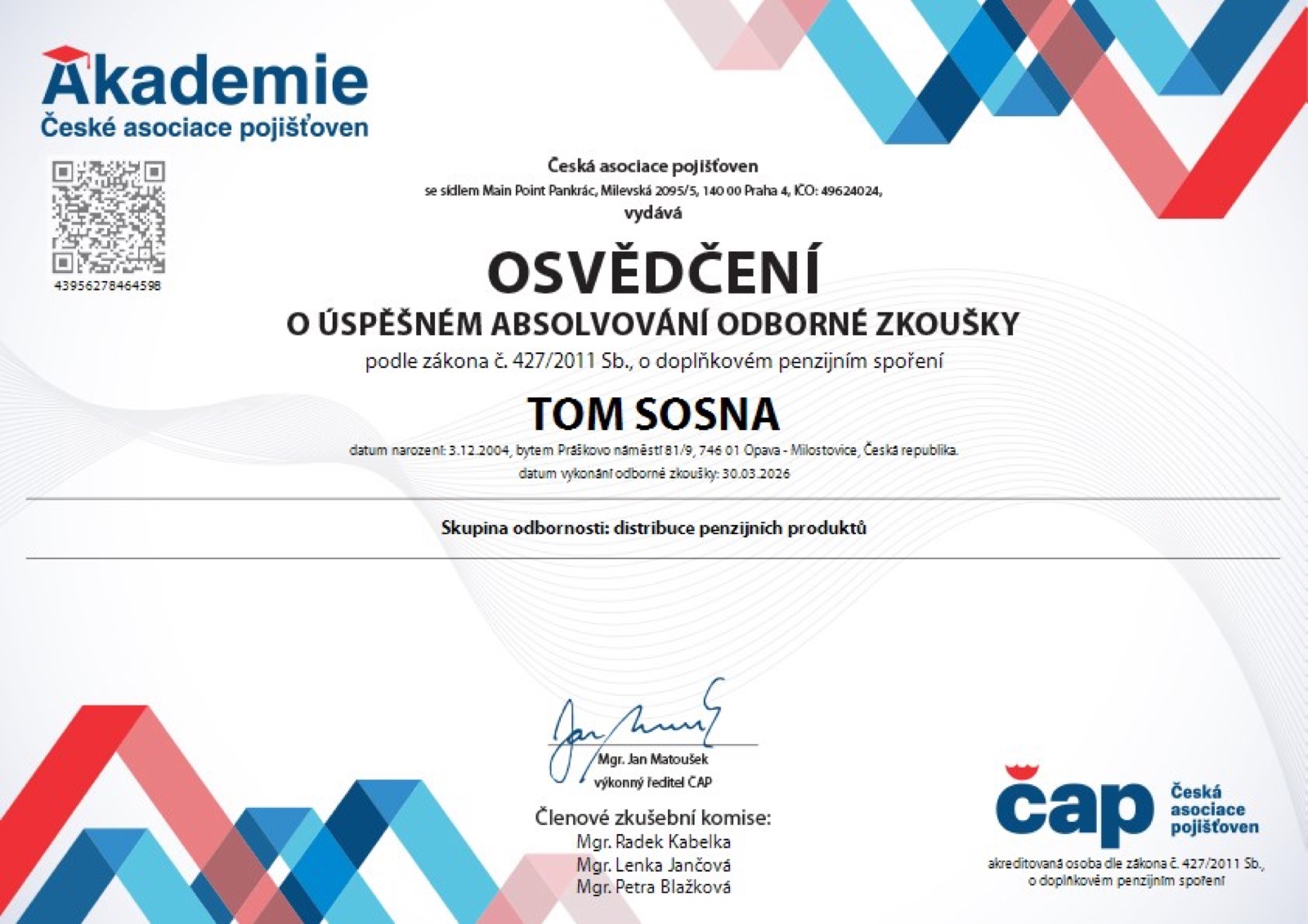 Certifikát — Distribuce penzijních produktů