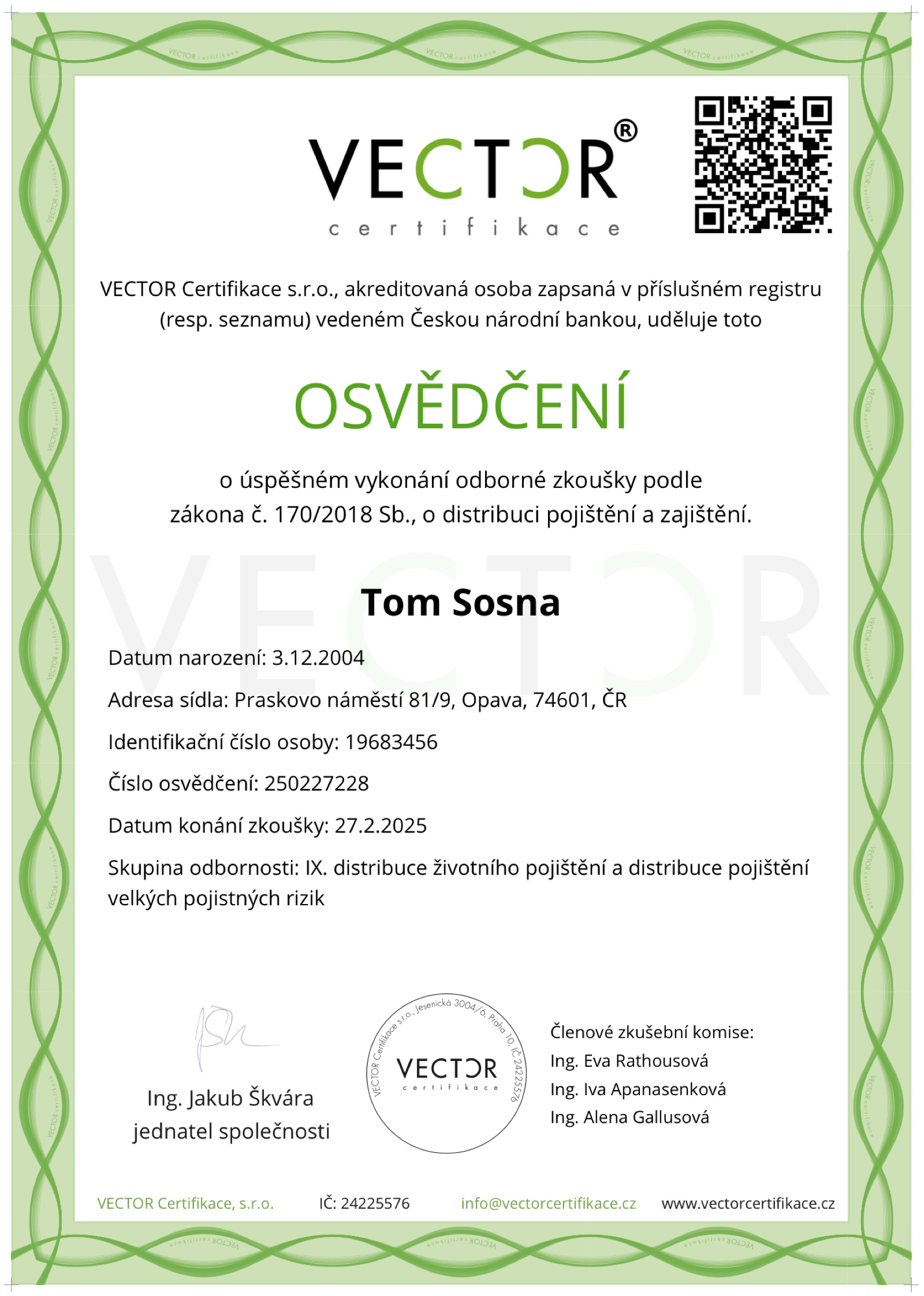 Certifikát — Distribuce pojištění a zajištění