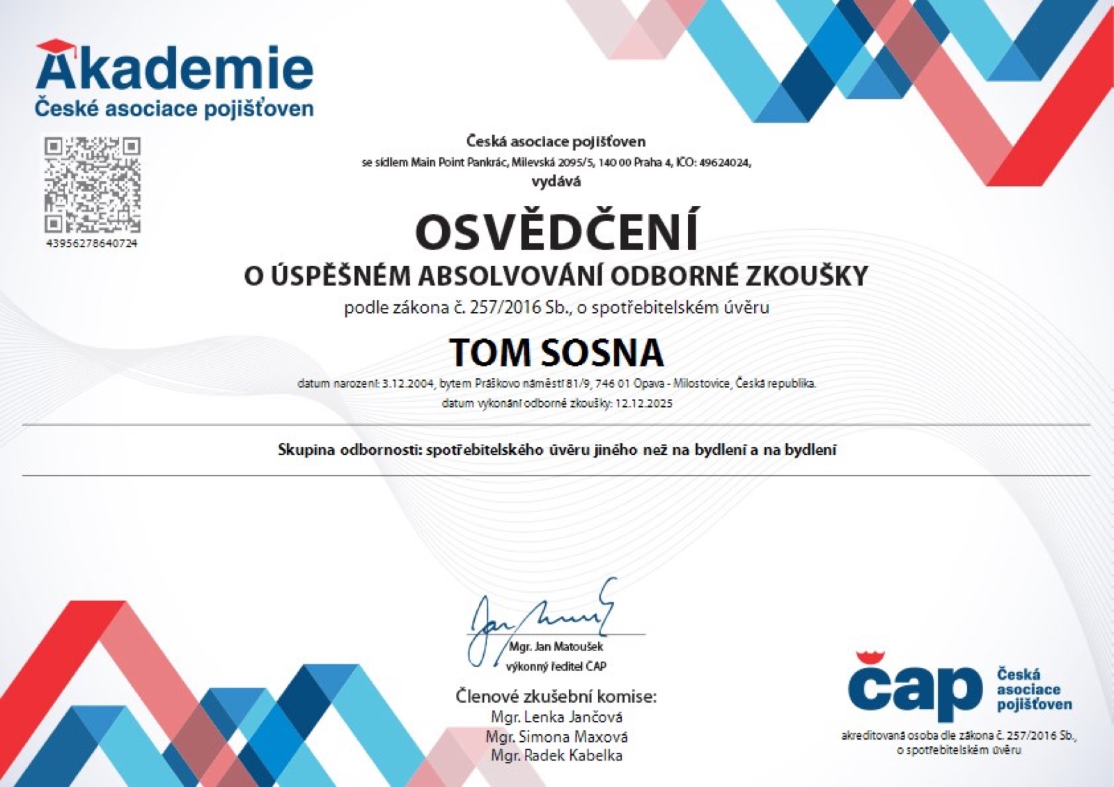 Certifikát — Spotřebitelský úvěr